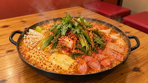 ハムやソーセージ、ラーメンが入ったピリ辛の寄せ鍋