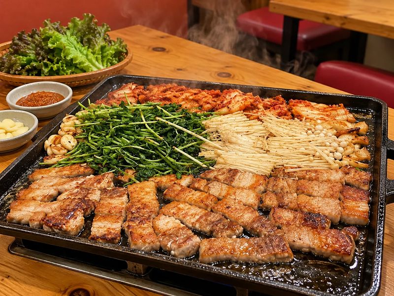 鉄板で焼ける厚切りの豚バラと、キムチ・豆苗・えのき・にんにく